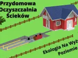 Schemat przydomowej oczyszczalni ścieków: dom, zbiornik, drenaż. Ekologia na wyższym poziomie.