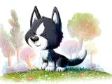 Uroczy szczeniak rasy border collie siedzi na trawie wśród kolorowych drzew. Wesołego 26 sierpnia dnia psa!