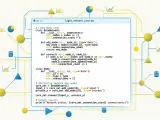 Ein Softwareentwickler schreibt Python-Code für ein Netzwerk. Diagramme und Datenknoten sind um den Code herum angeordnet.