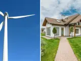 Biała elektrownia wiatrowa na tle błękitnego nieba i nowoczesny dom z zielonym ogrodem.
