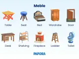 Ilustracja prezentuje meble: Table, Seat, Bed, Wardrobe, Door, Desk, Shelving, Fireplace, Ladder, Toilet.