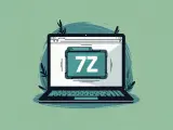 Ilustracja laptopa z ikoną folderu 7z na ekranie. Dowiedz się, jak otworzyć plik 7z.
