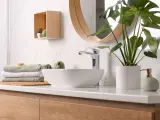 Plan de travail de salle de bain moderne avec vasque, robinetterie chromée, serviettes pliées et plante verte. La hauteur du plan de travail est idéale.