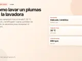 Guía para lavar plumas en lavadora: programa delicado, 30°C, centrifugado suave y secado con pelotas de tenis.
