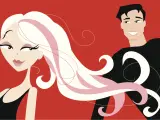 Ilustracja stylizowana: kobieta z blond włosami i mężczyzna z czarnymi włosami na czerwonym tle.