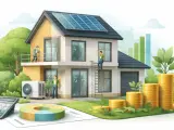 Casa con pannelli solari, condizionatore e operai che lavorano. Grafici, monete e calcolatrice suggeriscono i massimali ecobonus per il risparmio energetico.