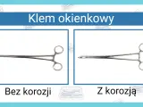 Klem okienkowy: narzędzia chirurgiczne nazwy. Po lewej klem bez korozji, po prawej z widocznymi śladami korozji.