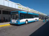 Niebiesko-biały autobus na tle budynku lotniska z żółtym napisem.