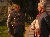 Dwóch mężczyzn rozmawia na tle tropikalnej scenerii. Jeden z nich, w stroju przypominającym tego z najnowszego Assassin's Creed, ma na sobie skórzaną zbroję i pistolety.