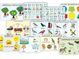 Zestaw plansz edukacyjnych dla klas 1-3: owoce, litery, figury, ptaki, emocje, pory roku, zwierzęta.