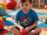 Chłopiec z zaburzeniem sensorycznym bawi się kolorowymi piłkami na macie.