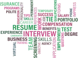 Słowa kluczowe związane z karierą i procesem rekrutacji: RESUME, INTERVIEW, SKILLS, EXPERIENCE, EDUCATION, SUCCESS, PORTFOLIO, SALARY, COMPENSATION, EMPLOYMENT, APPLICATION, TEST, DEGREE, INSURANCE, PROGRAMS, POLITE, TEMPORARY, PERSONALITY, TIPS, REFER...