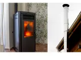 Poêle à granulés allumé, avec son conduit d'évacuation. Le diamètre du tubage poêle à granulés est crucial pour une bonne évacuation.