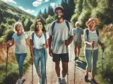 Grupa przyjaciół cieszy się spacerem z kijkami. Nordic walking to świetny sposób na spalanie kcal i poprawę kondycji na łonie natury.