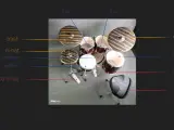Tabela strojenia perkusji: crash, hi-hat, centrala, werbel, statyw pod hi-hat, tom, ride, floor tom, stopa, stołek.