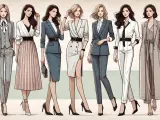 Eleganckie kobiety prezentują różne warianty dress code biznesowy damski: garnitury, spódnice i płaszcze.