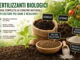 Fertilizzanti biologici: compost, letame, pollina pellettata, fosfati naturali e solfato di potassio per colture sane e resilienti.