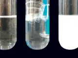 Drei Reagenzgläser zeigen eine klare Flüssigkeit, sprudelnde Flüssigkeit und eine milchige Flüssigkeit. Dies ist eine kalkwasserprobe.