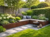 Eine tote Ecke im Garten gestalten: Eine L-förmige Holzbank mit Kissen, umgeben von Gräsern, Hortensien und Lavendel, schafft eine gemütliche Sitzecke.