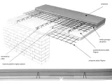 Schemat stropu filigran: prefabrykowana płyta, zbrojenie górne i dolne, nadbeton, kratownica i zbrojenie styków.