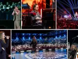 Wielki koncert pieśni współczesne: artyści na scenie, chór, publiczność z telefonami, pianista, akordeonista i skrzypaczka.