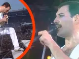Freddie Mercury w białym stroju, z mikrofonem w dłoni, na tle tłumu. To mógł być jego ostatni koncert.