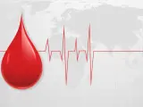 Kropla krwi na tle mapy świata i EKG. Symbolizuje unikalność i wartość każdej kropli, nawet najrzadsza grupa krwi jest cenna.