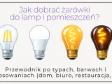 Cztery żarówki: LED filament, nowoczesna LED, tradycyjna żarowa i ozdobna. Przewodnik po doborze oświetlenia, np. do salonu Polux.