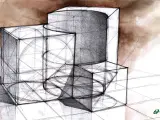 Szkic geometrycznych brył, ćwiczenie z perspektywy, idealne do nauki architektury studia online.