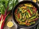 Blettes colorées cuisinées à la poêle, parsemées de persil. Une recette simple et savoureuse pour sublimer ce légume.