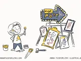 Dziecko z pędzlem i farbą, obok stoją obrazy i neonowy szyld "moje portfolio". To świetny przykład portfolio artystycznego.