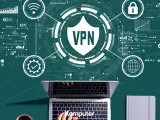 Grafika przedstawia laptopa z widokiem na klawiaturę, na tle schematów sieciowych i symboli VPN. To jak cyfrowy świat, gdzie hamachi zapewnia bezpieczne połączenie.