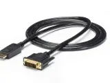 En svart kabel med en DisplayPort-kontakt i ena änden och en DVI-kontakt i den andra. En jämförelse av displayport vs dvi.