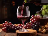 Czerwone wino nalewane do kieliszka, obok kiście winogron. Idealne na domowy przepis na wino z winogron 10l.