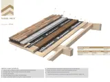 Struttura di copertura con tetto in legno a vista, strati isolanti e tegole. Dettaglio tecnico del pacchetto Sarda Pack SP110.