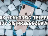 Jak schłodzić telefon, gdy się przegrzewa? iPhone w woreczku, otoczony kostkami lodu.