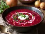 Aksamitna zupa buraczkowa, jak u babci, z kleksem śmietany i posiekaną natką pietruszki.