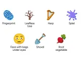 Sechs neue WhatsApp Emojis: Fingerabdruck, kahler Baum, Harfe, Farbklecks, müdes Gesicht, Schaufel, Wurzelgemüse.