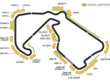 Mapa del circuito de Fórmula 1, con zonas de "General Admission" y gradas. La próxima carrera se acerca.