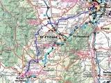 Carte routière de la région Auvergne-Rhône-Alpes, avec les villes de Lyon, Saint-Étienne et Vienne. La gr 765 carte indique des routes nationales et départementales.