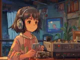 Dziewczynka w słuchawkach cieszy się relaksującą muzyką lofi, trzymając w dłoni telefon. W tle widać sprzęt audio i przytulne wnętrze.