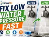 Fix low water pressure fast! Before and after comparison shows a weak stream vs. a strong spray. Learn how to increase water pressure for better flow.