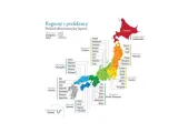 Mapa przedstawia podział administracyjny Japonii, ukazując główne wyspy i prefektury.