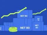 Blue boxes labeled "NET 90", "NET 60", and "NET 30" are stacked, with coins and upward trending arrows suggesting financial growth.
