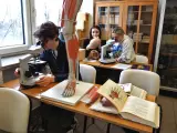 Studenci biologii medycznej zgłębiają tajniki anatomii przy mikroskopach i modelach.