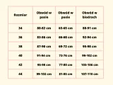 Tabela rozmiarów od 34 do 44. Rozmiar 40 odpowiada obwodowi w pasie 91-94 cm i biodrach 99-102 cm.