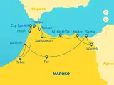 Mapa podróży po Maroku z Hiszpanii. Trasa obejmuje Tanger, Szafszawan, Fez, Rabat i inne miasta.