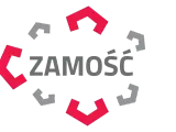 Logo z napisem ZAMOŚĆ otoczone geometrycznymi kształtami w kolorach czerwonym i szarym.