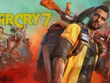 El protagonista de Far Cry 7, con un rifle al hombro, mira fijamente. Detrás, dos rebeldes en un tanque, listos para la acción.