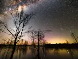 Canon EOS 2000D photo de nuit : une voie lactée spectaculaire au-dessus d'un lac reflétant les arbres dénudés et un ciel orangé.